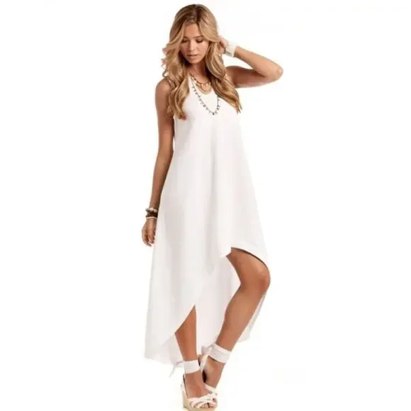 Island Company Persephone White Linen High Low Maxi Dress M Resort Coastal - Picture 2 of 8